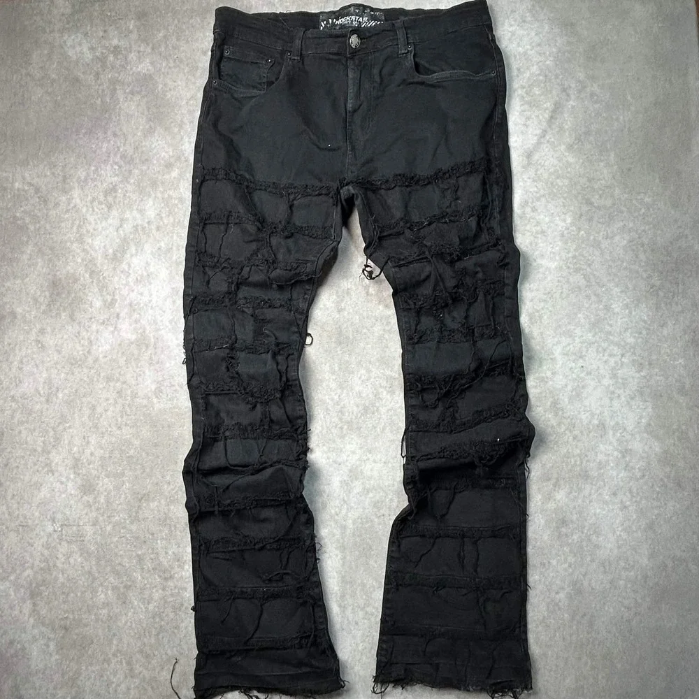 Rockstar Original Mens Black Heavily Distressed Stacked Flare Jeans 38x36